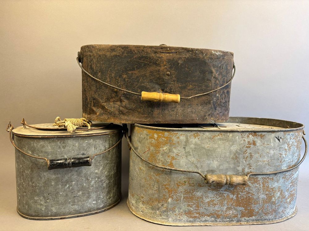 Lot 238: 3 Antique Oval Shaped Galvanized Minnow Buckets