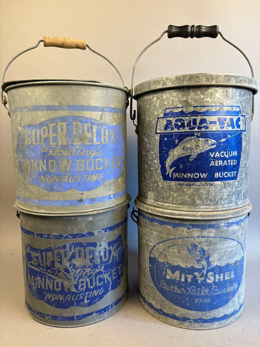 Lot 242: 4 Antique Galvanzied Blue Decorated Minnow Buckets