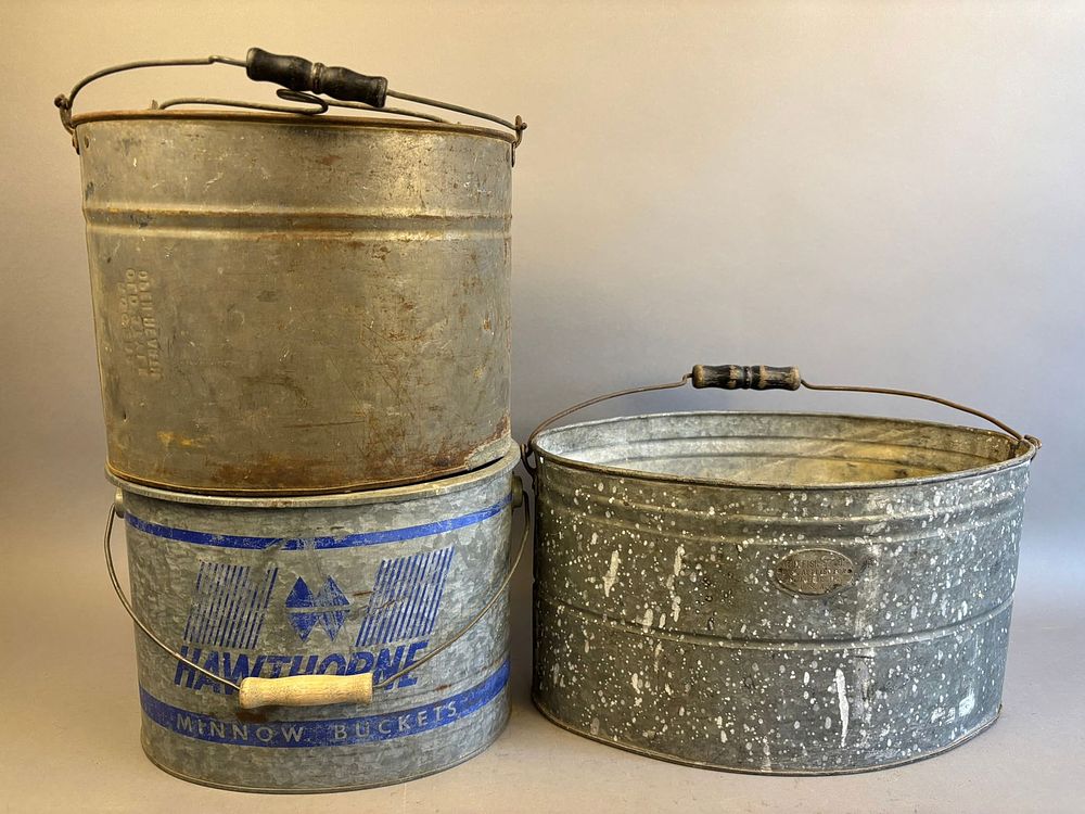 Lot 243: 3 Antique Galvanzied Oval Minnow Buckets Fish EZ