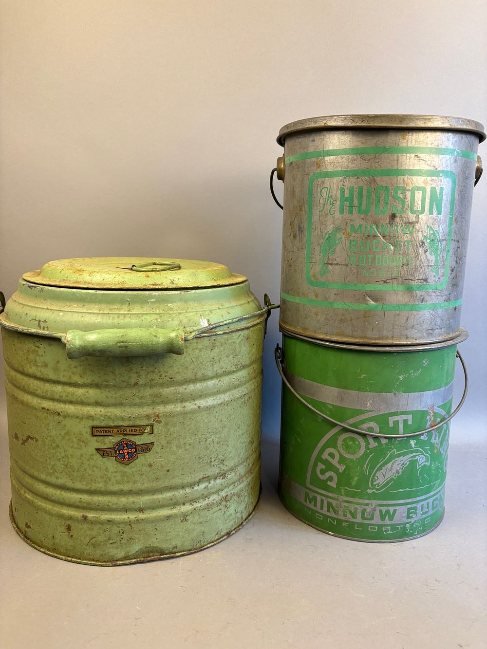 Lot 257: 3 Antique Galvanized Minnow Buckets Green Decoration