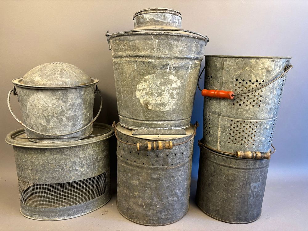 Lot 259: 6 Antique Galvanized Bait Minnow Submarine Buckets