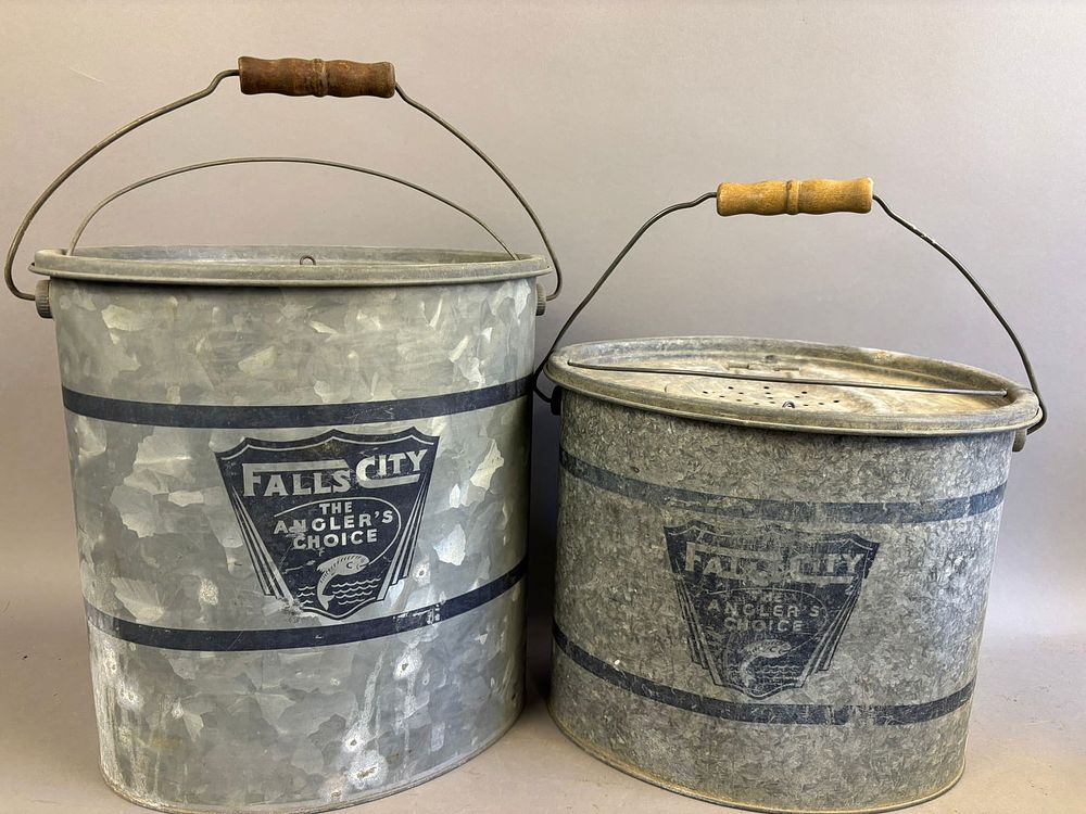 Lot 265: Pair Antique Falls City Galvanized Minnow Buckets