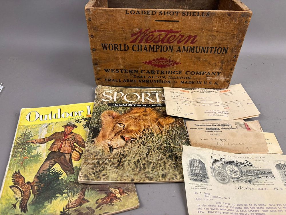 Lot 289: Antique Western Ammo Wood Crate Gun Advertising Papers