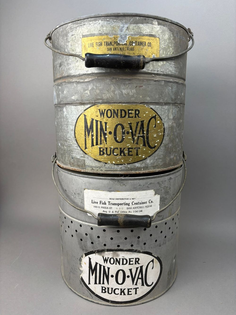 Lot 294: Pair Wonder Min O Vac Galvanized Minnow Bucket Texas