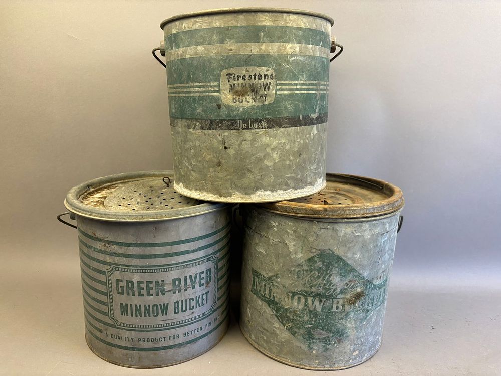 Lot 300: 3 Antique Galvanized Minnow Buckets Green Decoration