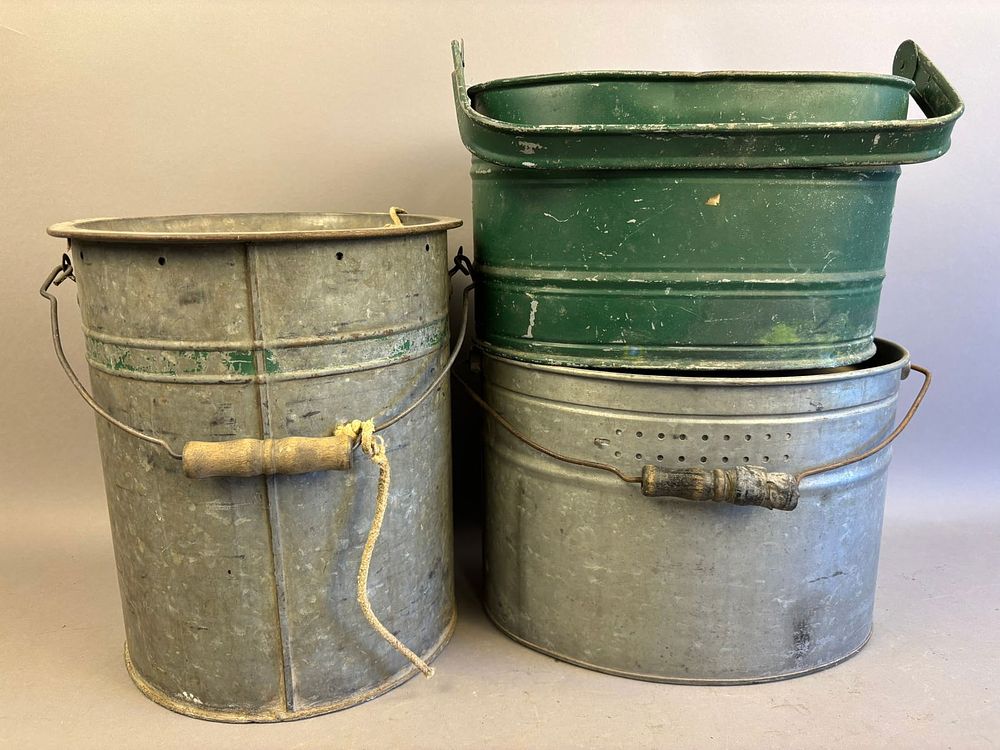 Lot 304: 3 Antique Oval Galvanized Minnow Buckets Green