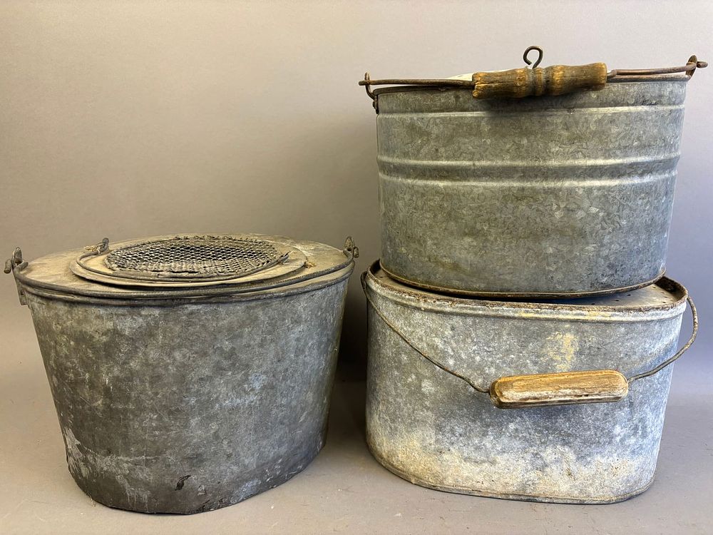 Lot 305: 3 Antique Oval Galvanized Minnow Buckets Handles