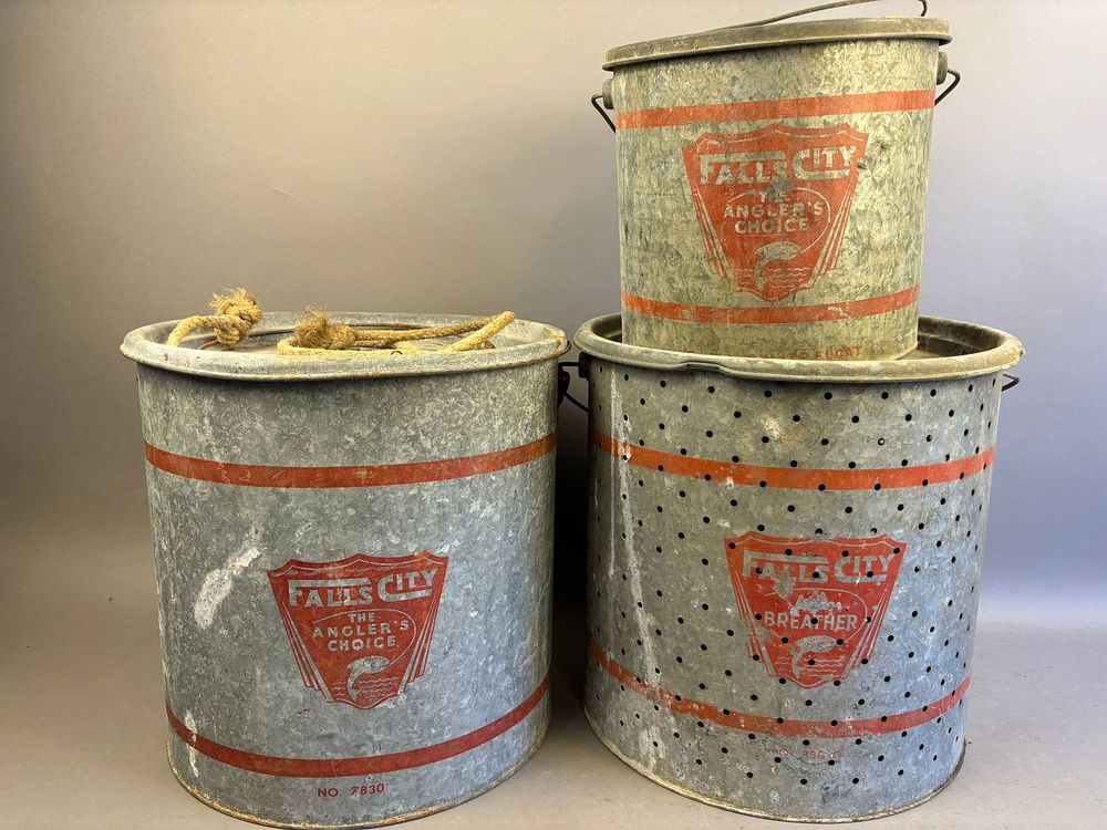Lot 307: 3 Antique Falls City Galvanized Minnow Buckets Red
