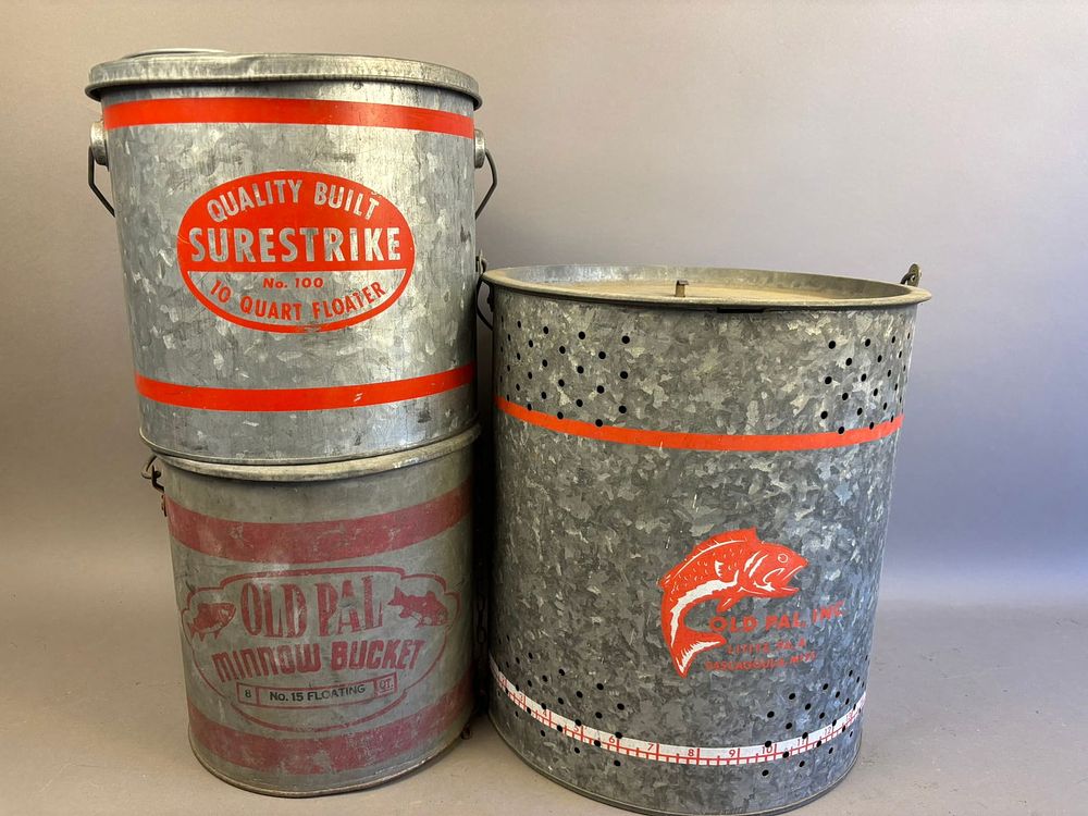 Lot 308: 3 Antique Old Pal Surestrike Minnow Buckets Red