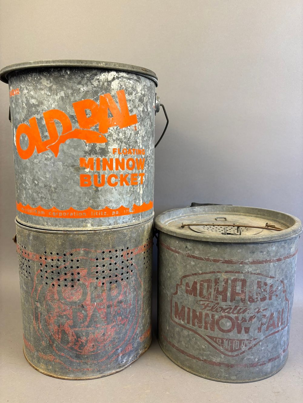Lot 310: 3 Antique Galvanzied Minnow Buckets Old Pal Mohawk