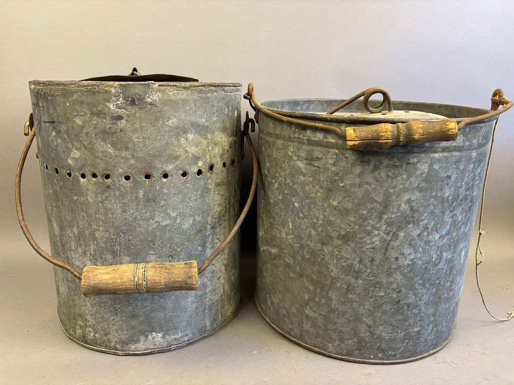 Lot 314: Pair Antique Round Galvanized Minnow Buckets