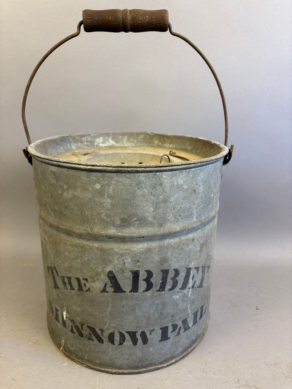 Lot 315: Antique The Abbey Galvanized Minnow Bucket