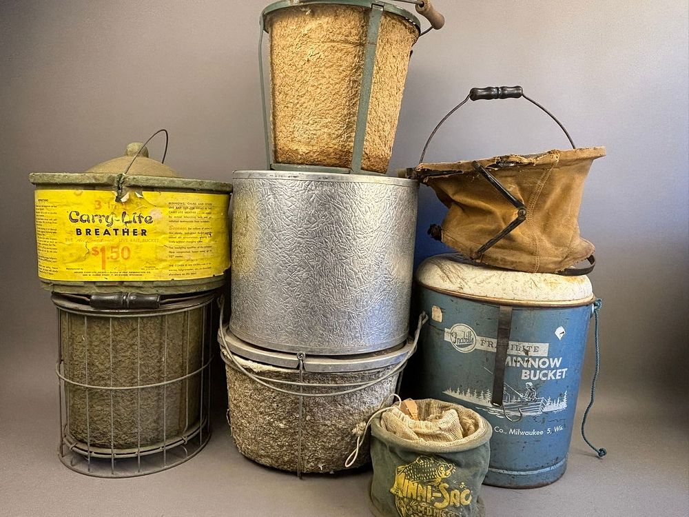 Lot 320: 8 Vintage Minnow Bait Boxes Buckets Stay Alive
