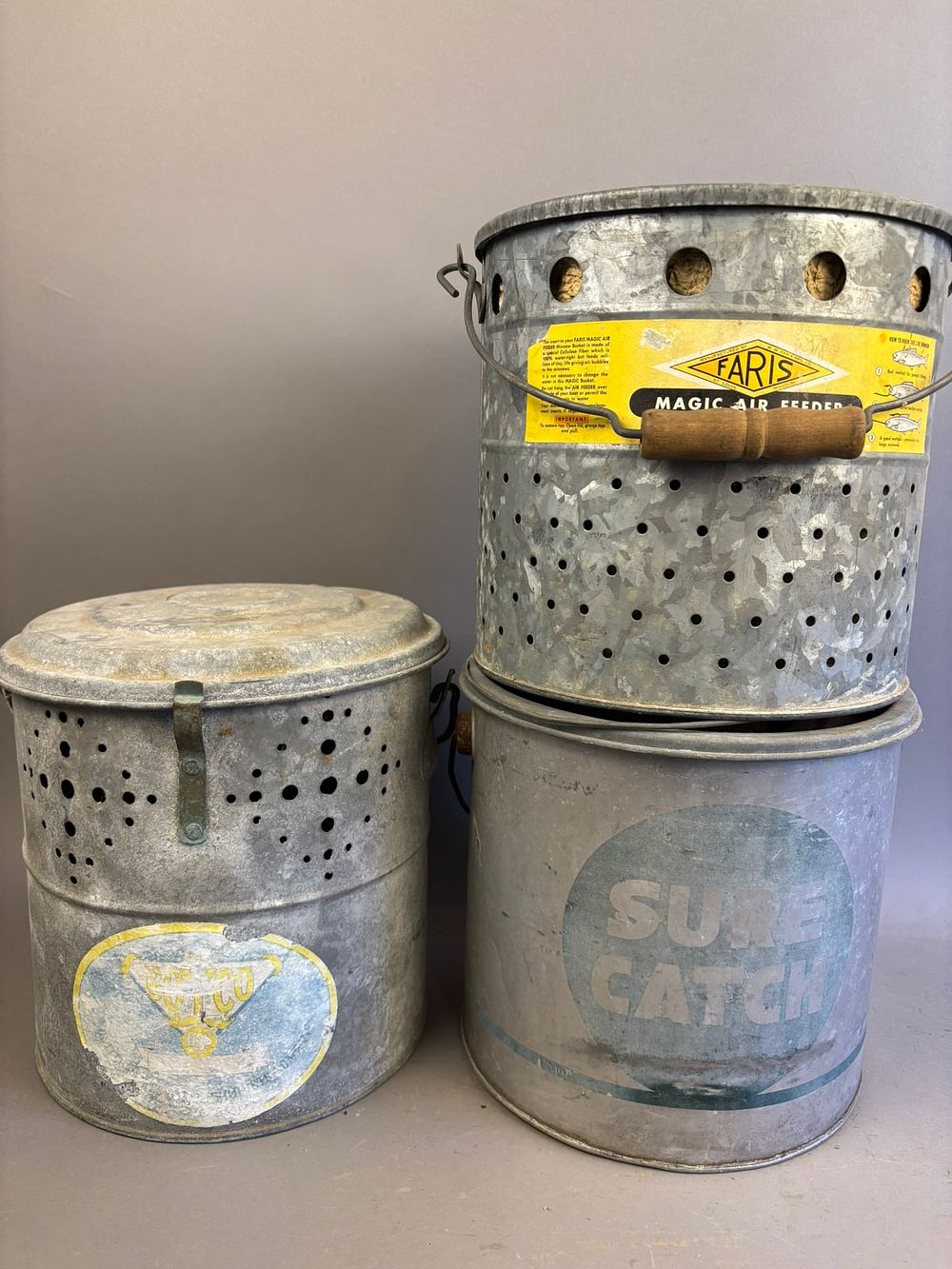 Lot 325: Antique Galvanized Minnow Buckets Faris Sure Catch