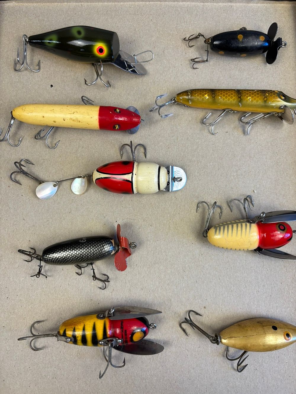 Lot 328: 9 Antique Heddon Crazy Crawler Wood Fishing Lures