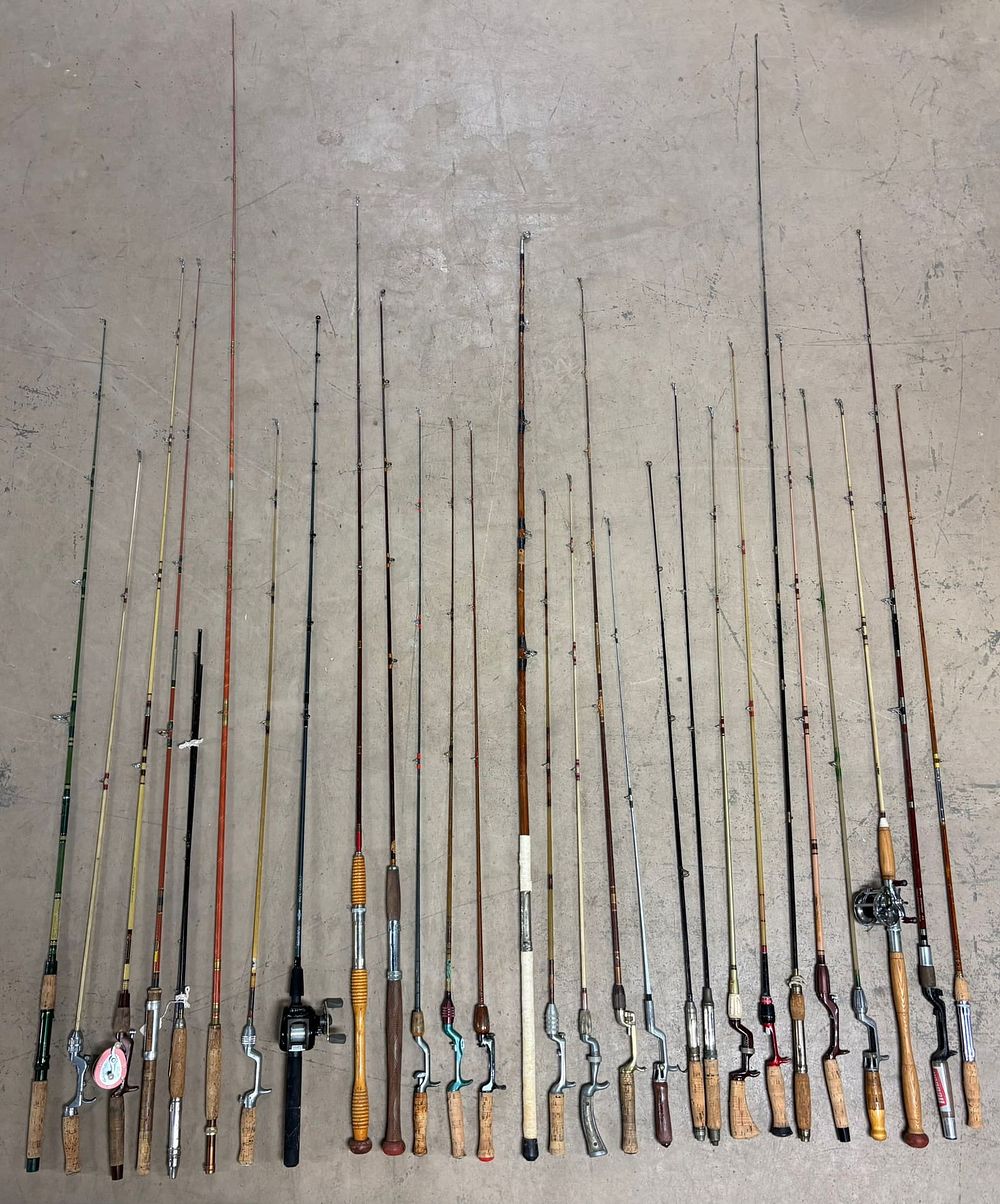 Lot 339: 28 Vintage Fishing Casting Rods Reels Several