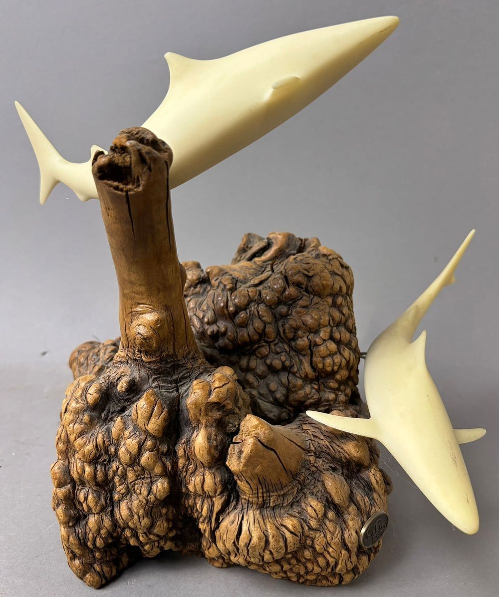 Lot 422: John Perry Sculpture "The Shark" w/ Burl Wood Base