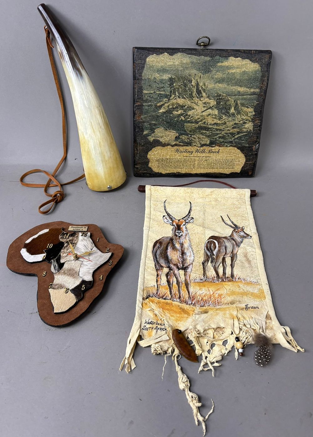 Lot 424: Lot 4 African Hunting Items Waterbuck Painted Hide