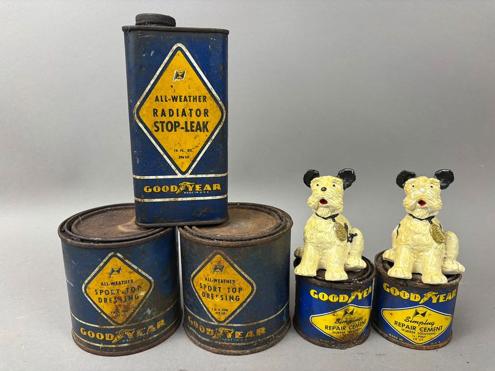 Lot 142: 7 Goodyear American Brakeblok Dog Advertising Tins
