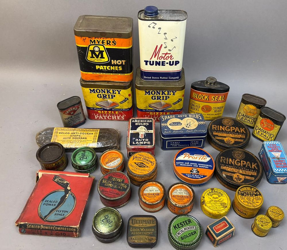 Lot 169: 31 Various Tire Tube Solder Light Bulb Auto Tins