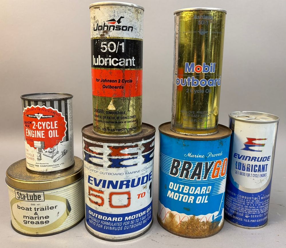 Lot 184: 7 Vintage Outboard Boat Marine Engine Oil Cans