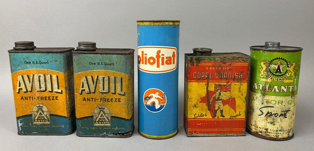 Lot 206: 5 European Fiat Avoil Solider Brand Oil Cans