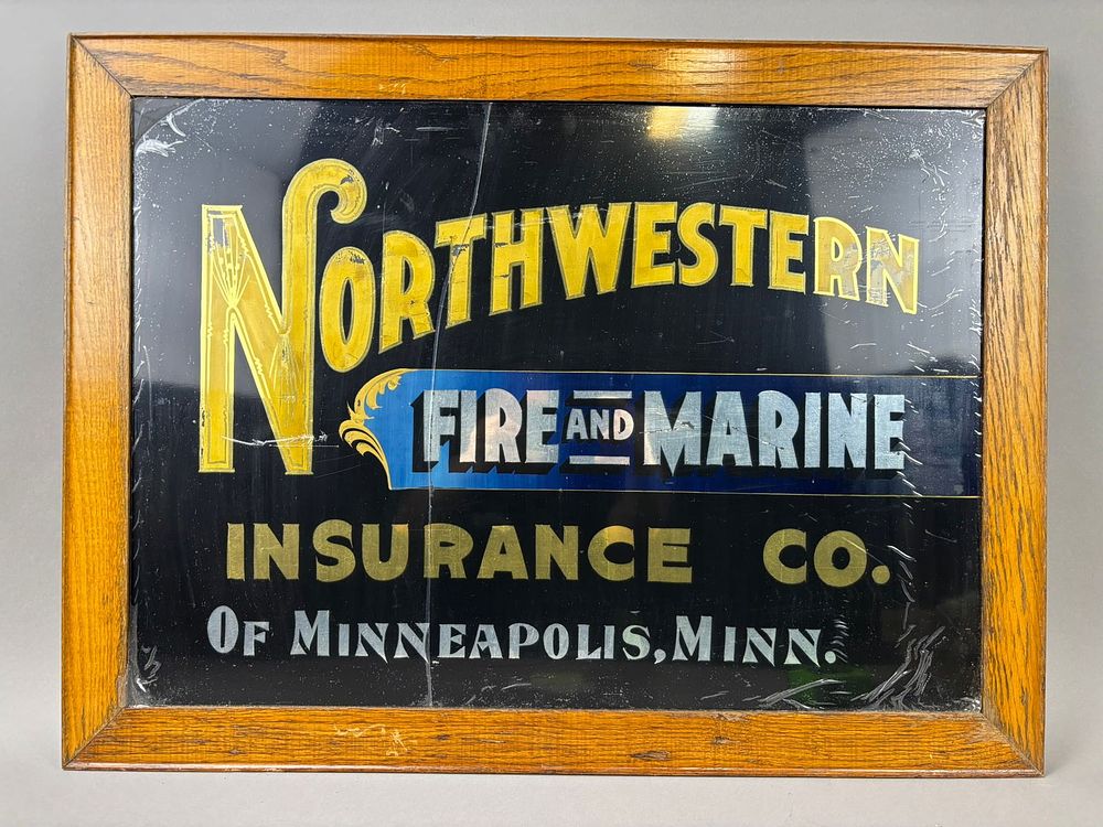 Lot 213: NW Fire Marine Ins Reverse Glass Painted Sign