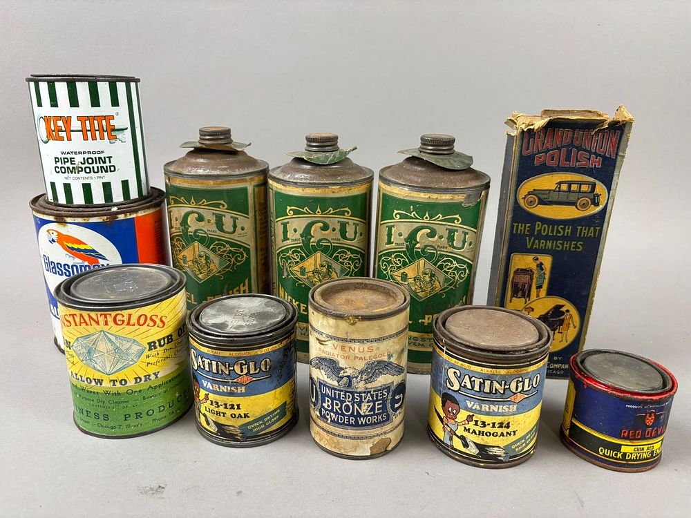 Lot 233: 11 Antique Polish Paint Varnish Cans Paper Labels