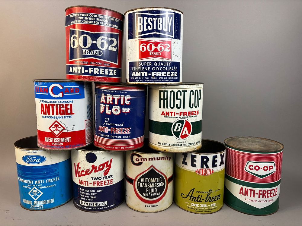 Lot 266: 10 Vintage AntiFreeze 1 Gallon Metal Cans Ford B/A