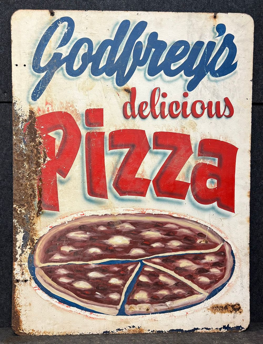 Lot 282B: Godfrey's Delicious Pizza Hand Painted DST Metal Sign