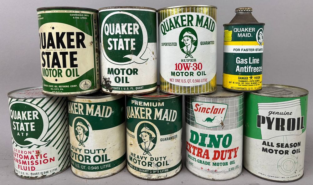 Lot 294: 9 Quaker Maid State Pyroil Sinclair Motor Oil Cans