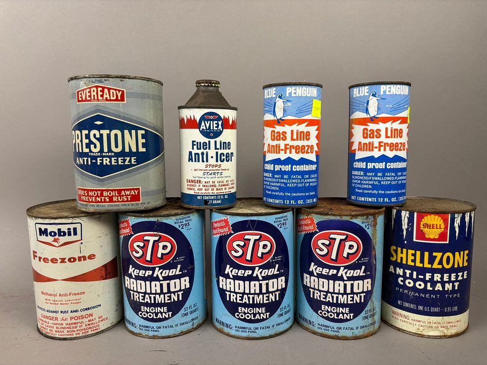 Lot 301: 9 NOS Vintage AntiFreeze Mobil STP Shell Quart Cans