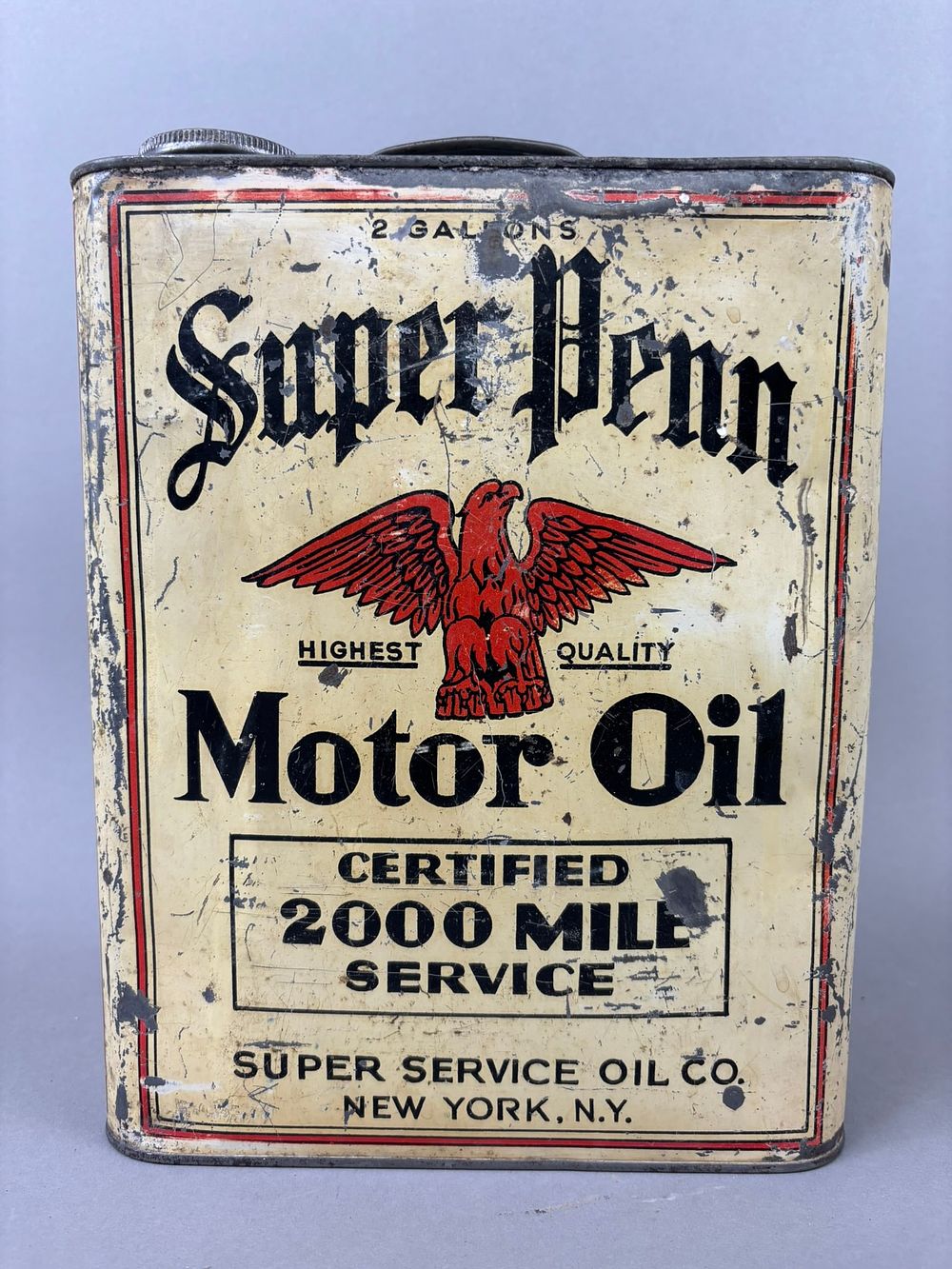 Lot 318: Early Super Penn Service Motor Oil 2 Gallon Can