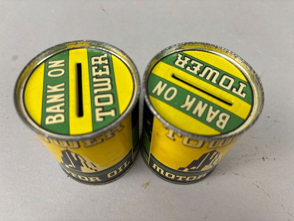 Lot 359B: 2 Tower Motor Oil Can Advertising Coin Banks