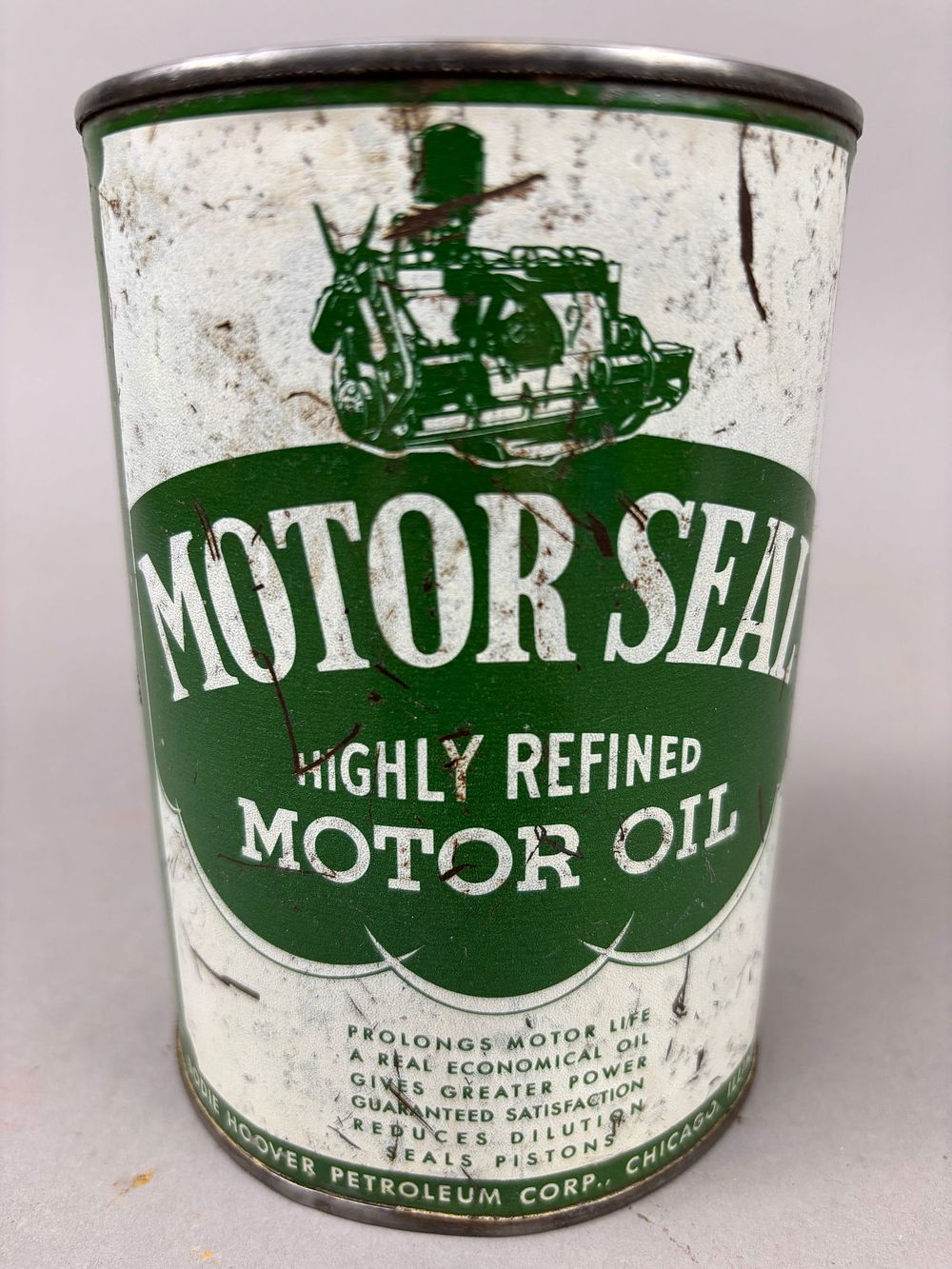 Lot 360H: Motor Seal Refined Motor Oil Quart Can Bodie Hoover