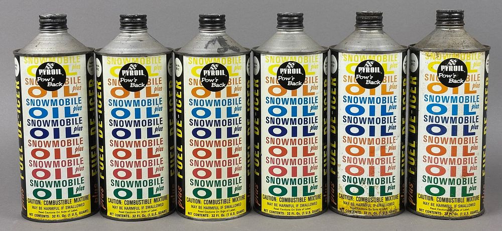 Lot 365: 6 60s Pyroil Snowmobile Cone Top Motor Oil Can