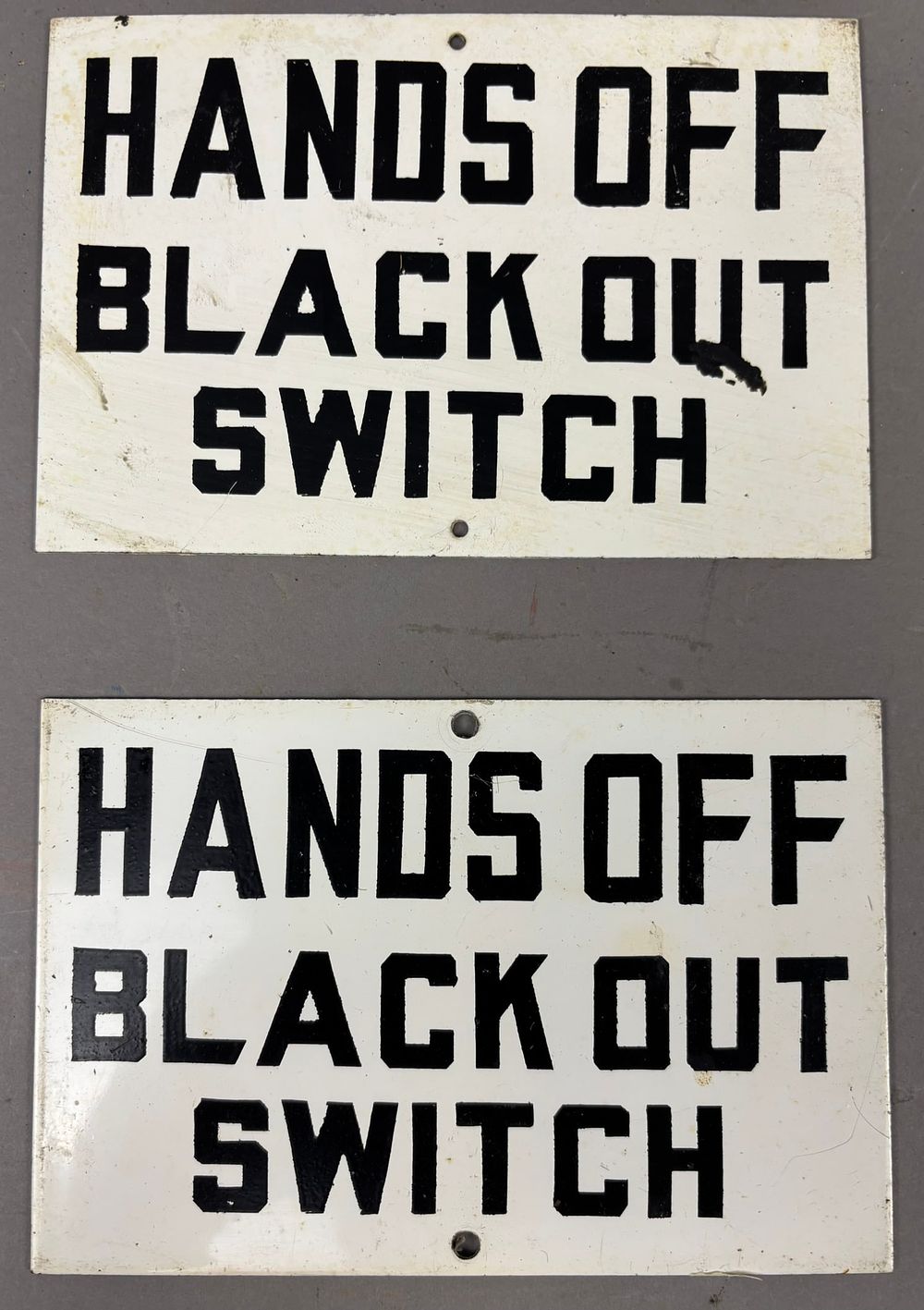Lot 453B: 2 Hands Off Black Out Switch Industrial Signs