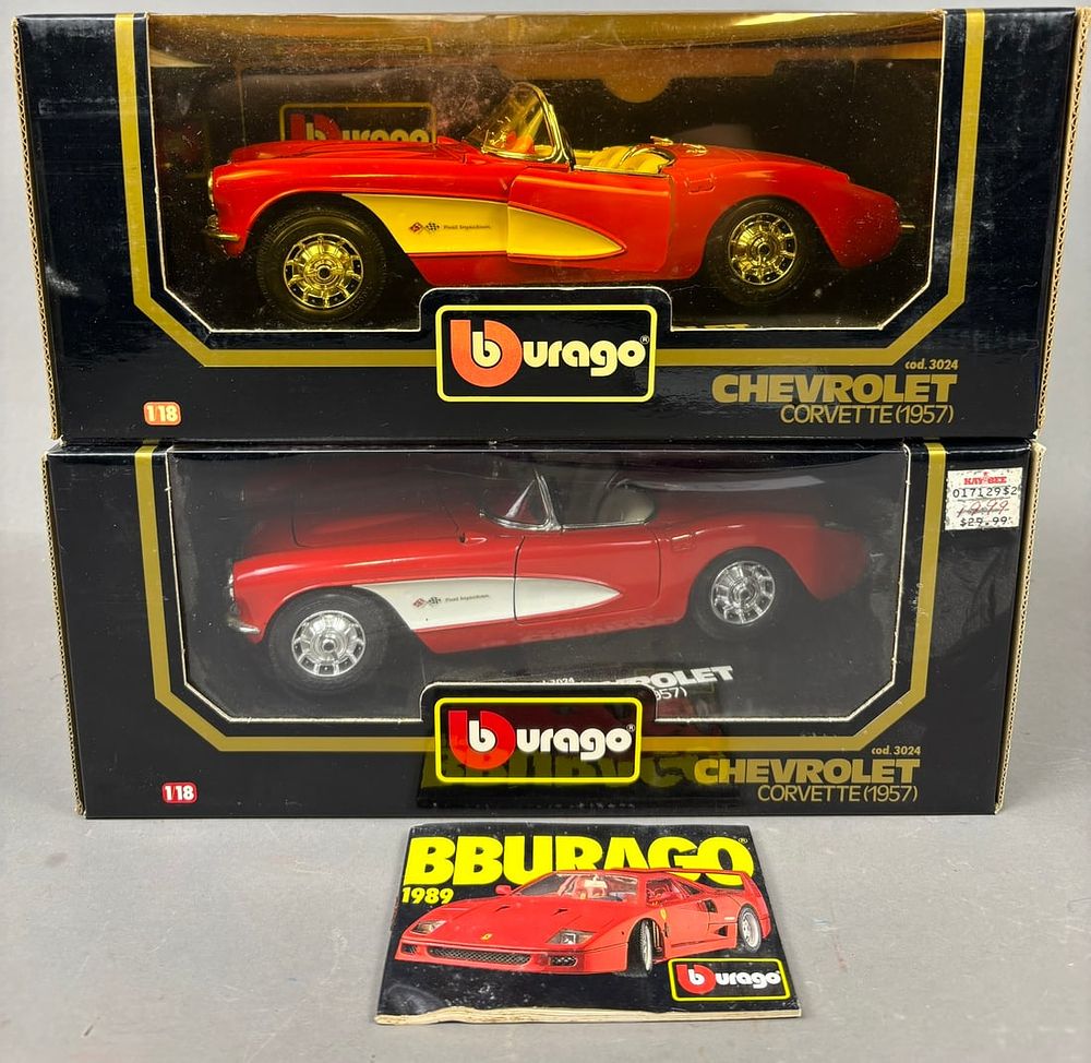 Lot 175: 2 NOS Burago 1957 Chevrolet Corvette Die Cast Cars