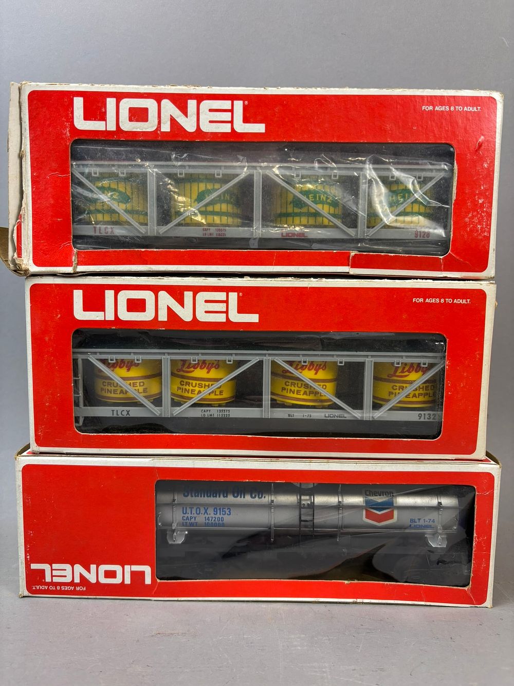 Lot 286: 3 NOS Lionel Train Box Cars Heinz Libby Chevron