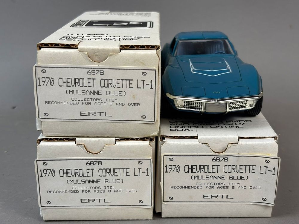 Lot 303: 3 NOS Ertl 70 Chev Corvette LT1 Reissue Promo Cars Blue
