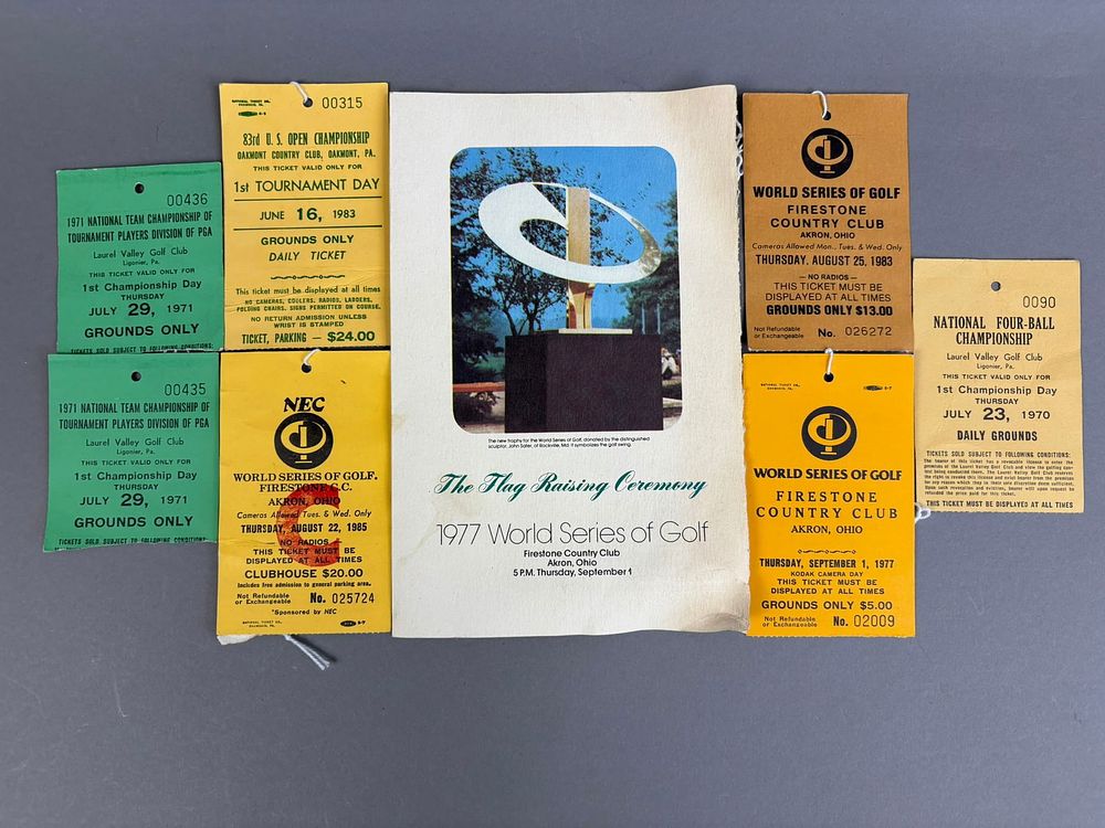 Lot 183: 1970s 1980s Lot of 8 US Open, World Series of Golf & National Team Championship Ticket Hang Tags