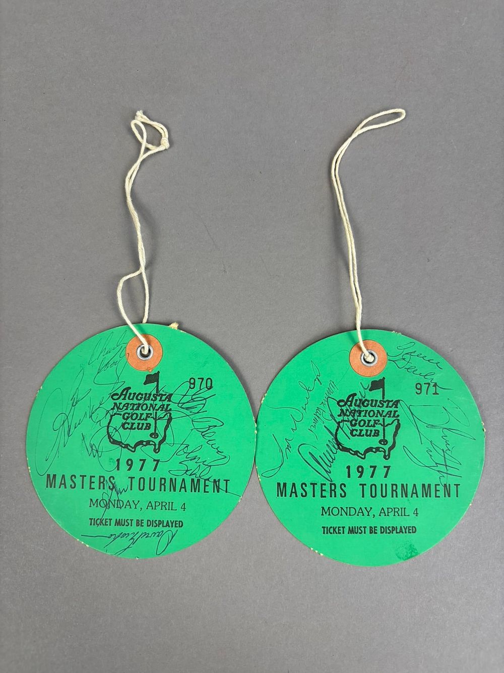 Lot 184: Lot of 2 1977 Masters Tournament of Golf Autographed Hanging Ticket Stubs Arnold Palmer