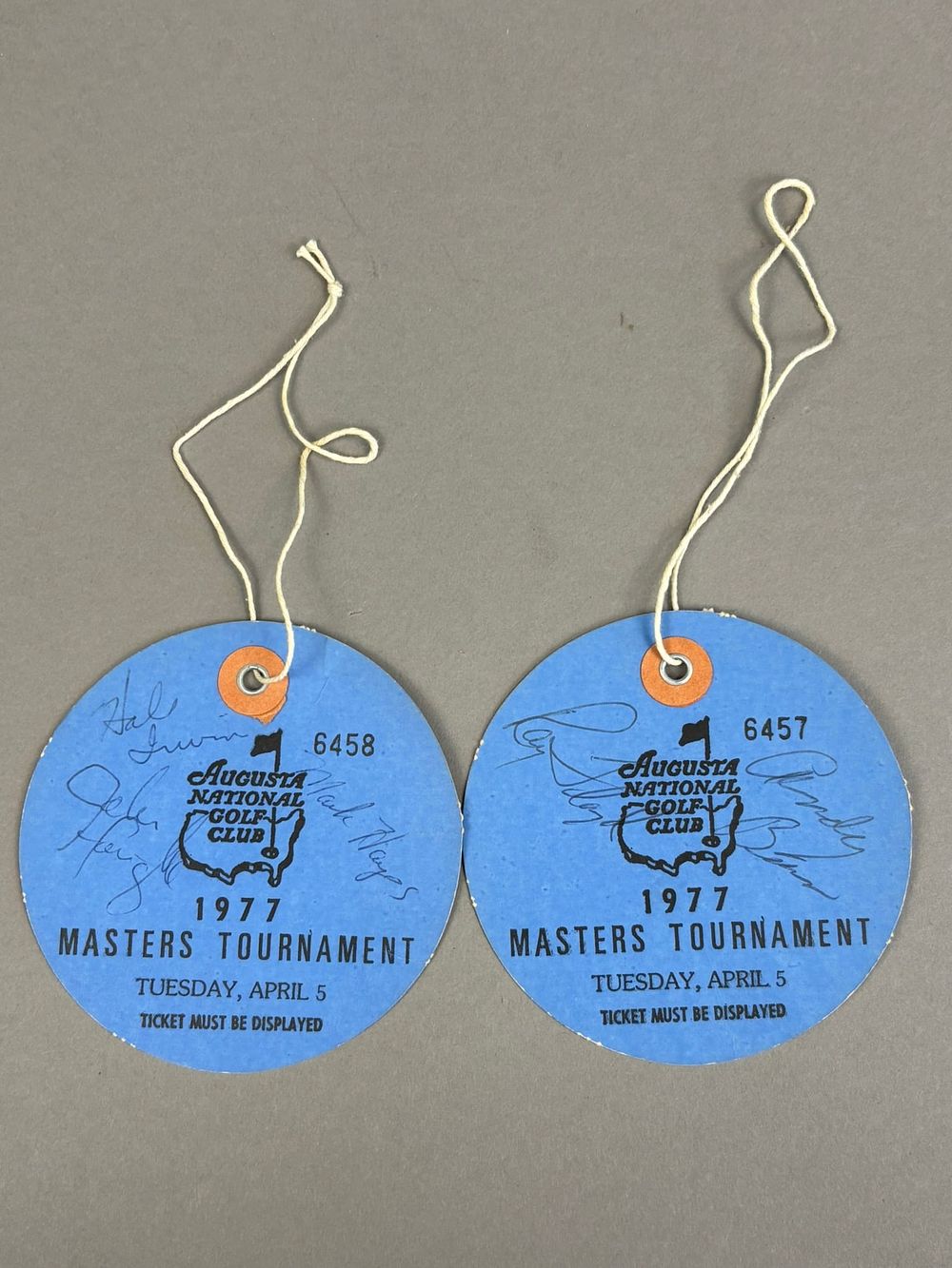 Lot 185: Lot of 2 1977 Masters Tournament of Golf Autographed Hanging Ticket Stubs Hal Irwin & Mark Hayes