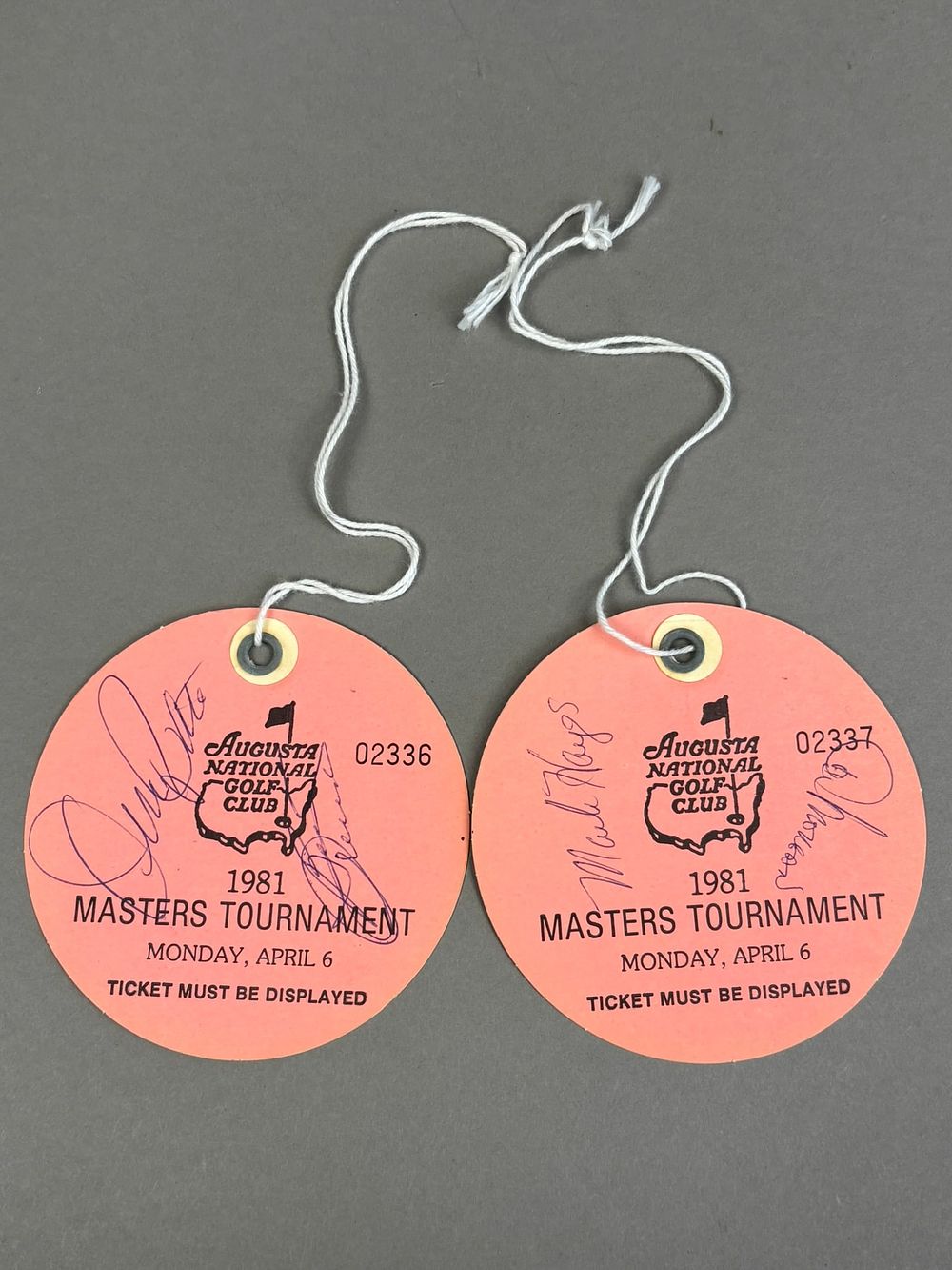 Lot 189: Lot of 2 1981 Masters Tournament of Golf Autographed Hanging Ticket Stubs Mark Hayes