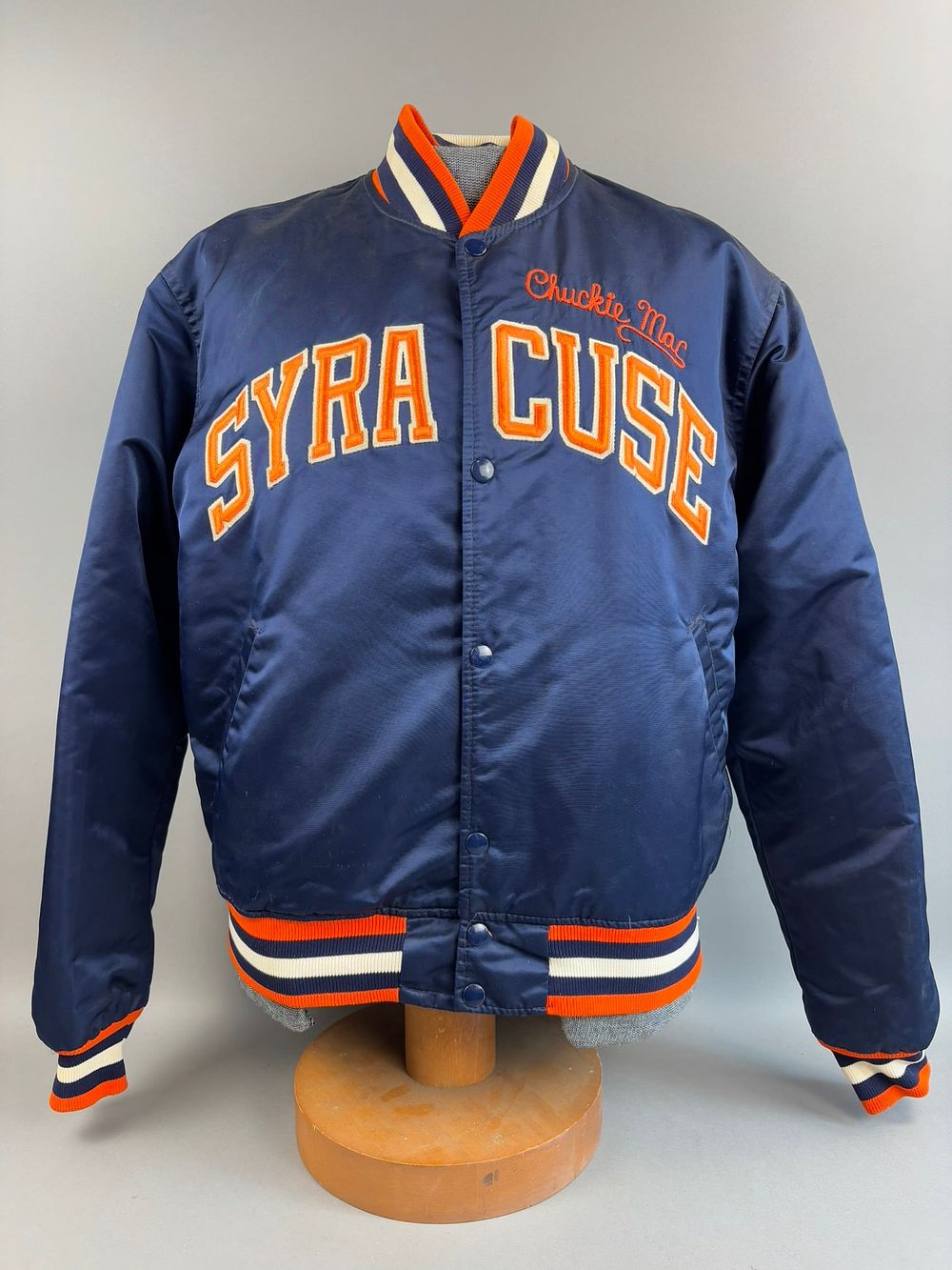 Lot 202: Vintage 1990s Syracuse Orange Starter Sports Jacket Personalized "Chuckie Mac" Size Large