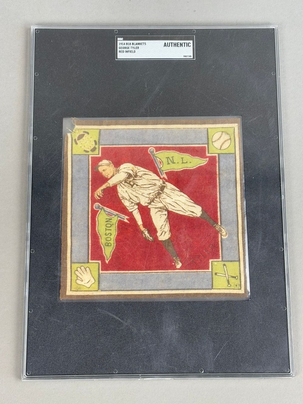 Lot 213: Rare 1914 B18 Blankets George Tyler Red Infield Baseball Felt SGC Authentic