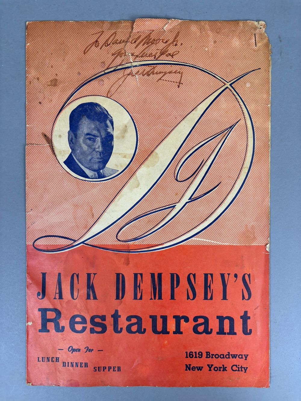 Lot 242: Vintage 1950s Pro Boxer Jack Dempsey's Restaurant Autographed Service Menu