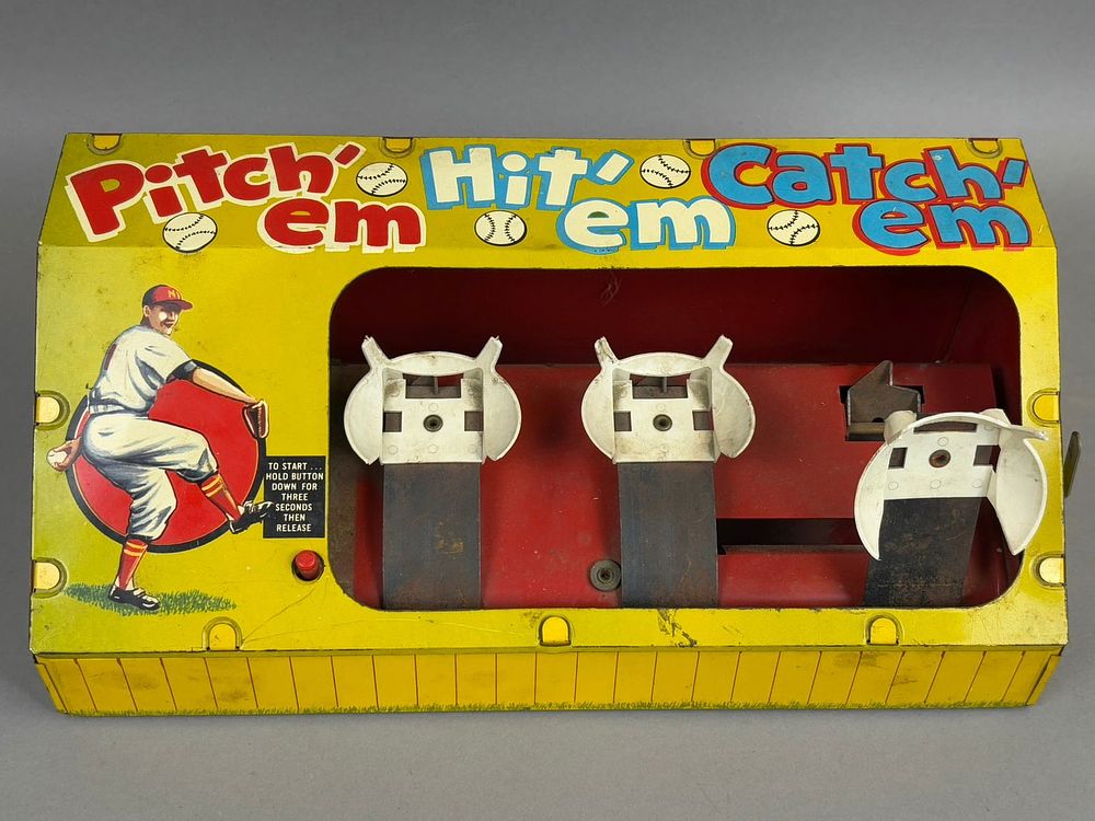 Lot 243: 1950s Marx Toys Pitch'em Hit'em Catch'em Tin Litho Action Baseball Game