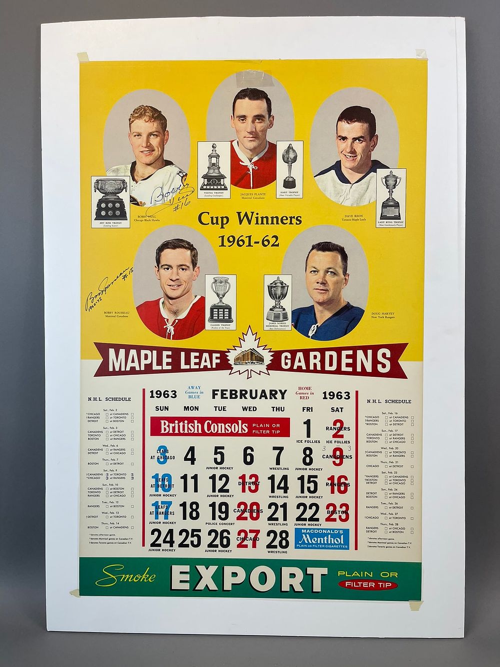 Lot 251: 1961-62 Bobby Hull & Bobby Rousseau Autographed Cup Winners Maple Leaf Gardens Smoke Export