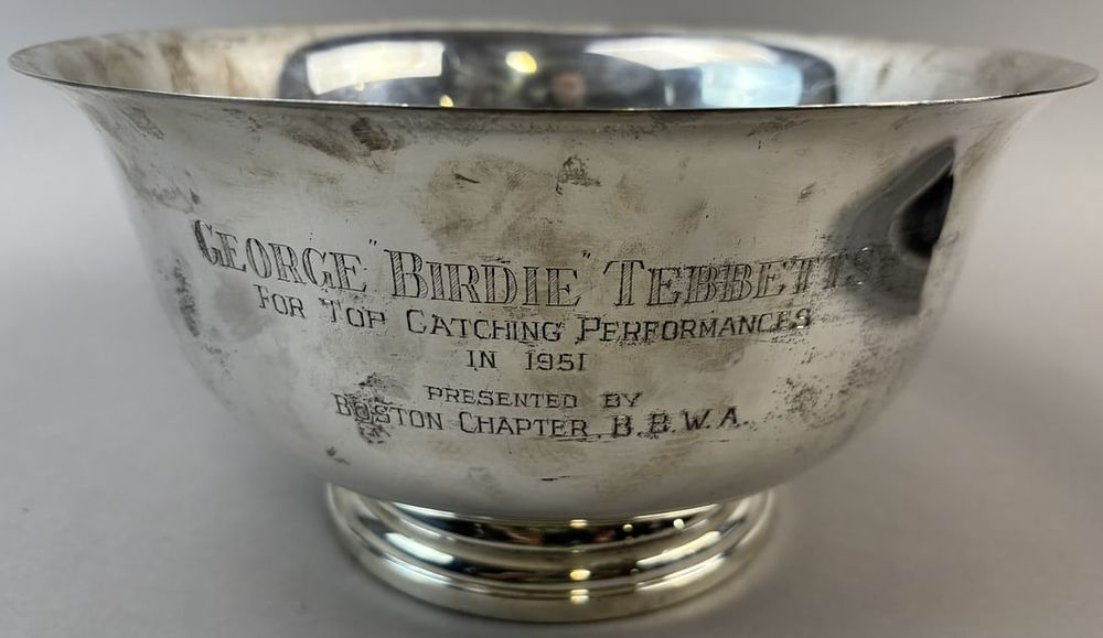 Lot 307: George Birdie Tebbetts Boston Red Sox Catcher 1951 Sterling Silver Trophy Presented by Boster